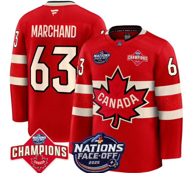 Mens Brad Marchand Jersey 63 Canada 4 Nations Face-off 2025 Champions Red