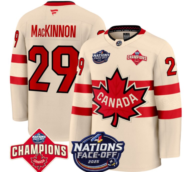 Mens Nathan Mackinnon Jersey 29 Canada 4 Nations Face-off 2025 Champions Cream