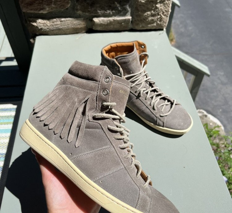 Saint Laurent Grey Fringe Suede Hi Top Sneakers