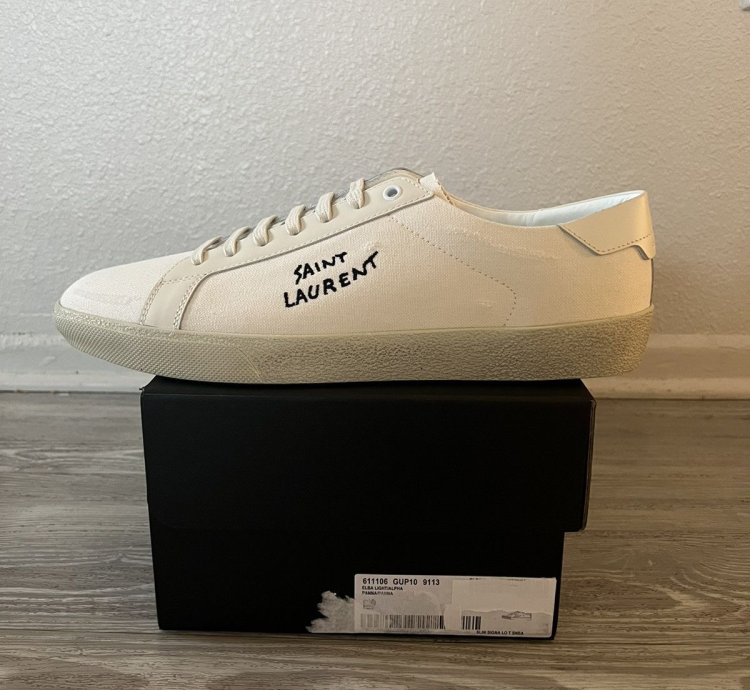 Saint Laurent Low Top Logo Canvas Sneaker Tan Cream Size 45