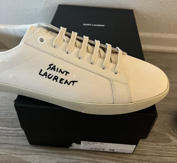 Saint Laurent Low Top Logo Canvas Sneaker Tan Cream Size 45