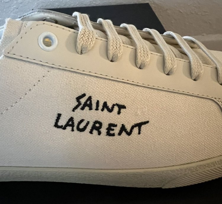 Saint Laurent Low Top Logo Canvas Sneaker Tan Cream Size 45