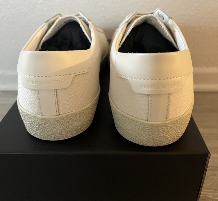 Saint Laurent Low Top Logo Canvas Sneaker Tan Cream Size 45