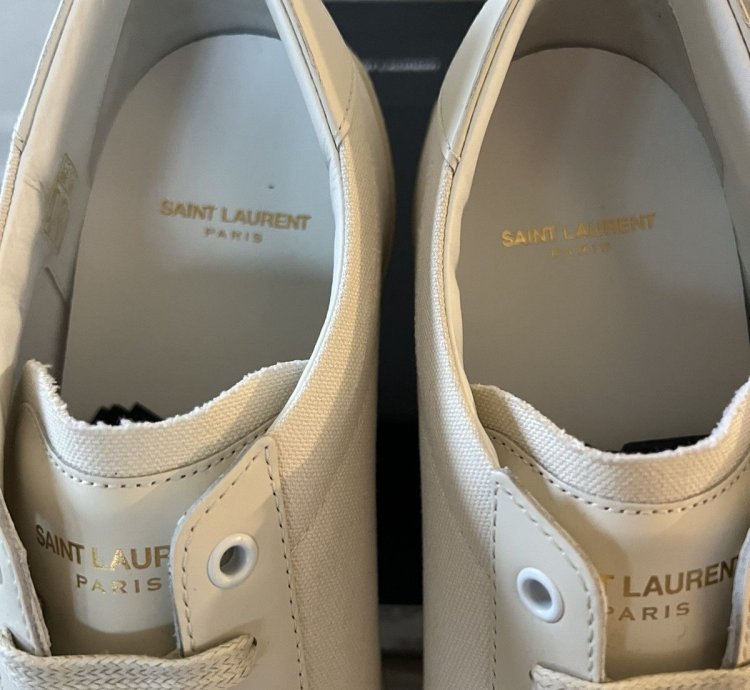 Saint Laurent Low Top Logo Canvas Sneaker Tan Cream Size 45