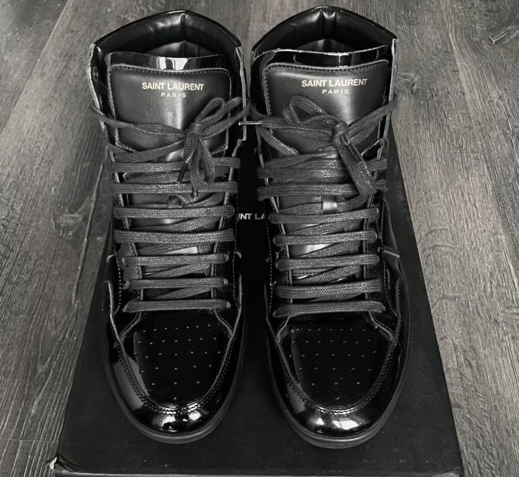 Saint Laurent Paris Patent Leather Black High Top Sneakers