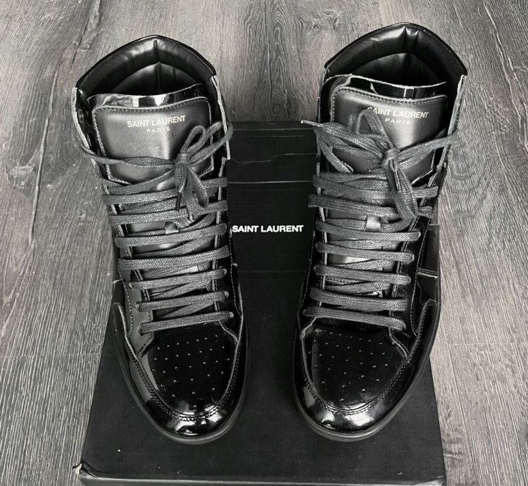 Saint Laurent Paris Patent Leather Black High Top Sneakers