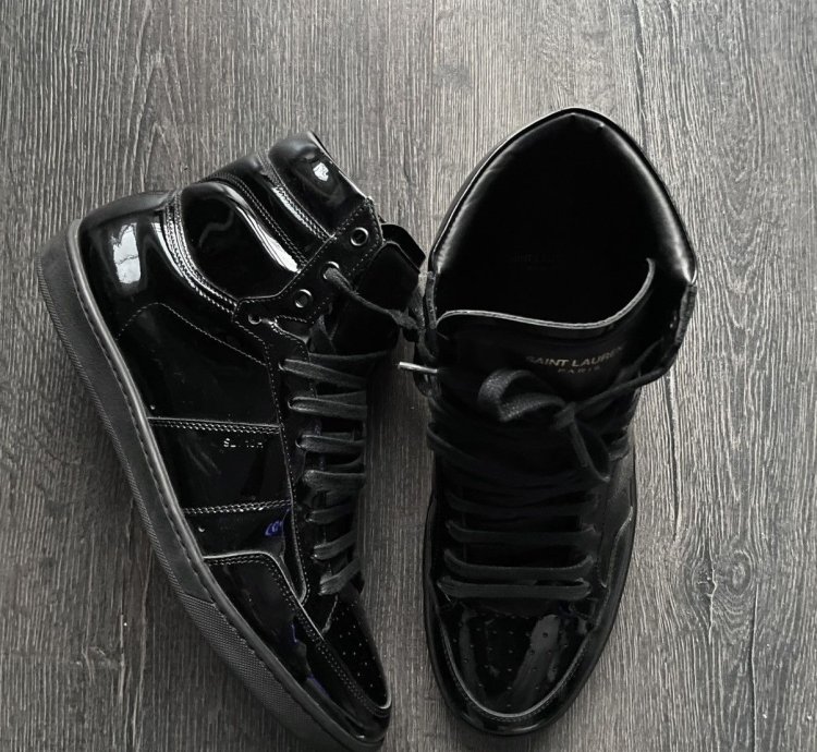 Saint Laurent Paris Patent Leather Black High Top Sneakers