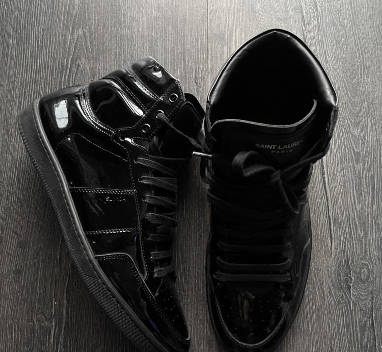 Saint Laurent Paris Patent Leather Black High Top Sneakers