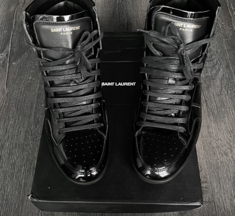 Saint Laurent Paris Patent Leather Black High Top Sneakers