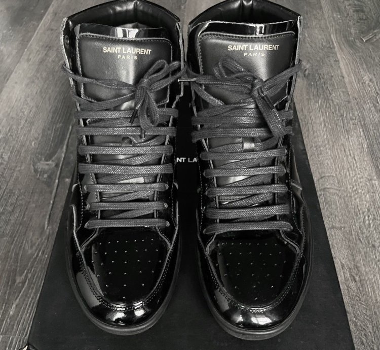 Saint Laurent Paris Patent Leather Black High Top Sneakers