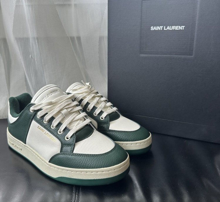 Saint Laurent Sl 61 Leather Low Top Sneakers White Green