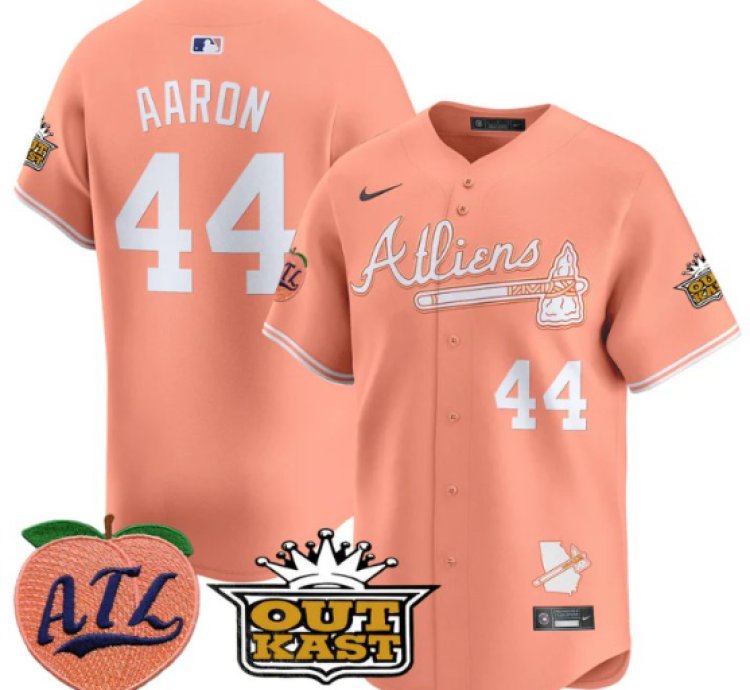 Hank Aaron Jersey 44 Atlanta Braves Atliens Peach Vapor Premier Limited Stitched Peach