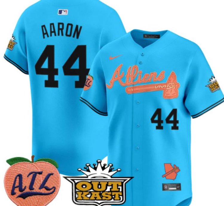 Hank Aaron Jersey 44 Atlanta Braves Atliens Peach Vapor Premier Limited Stitched Light Blue