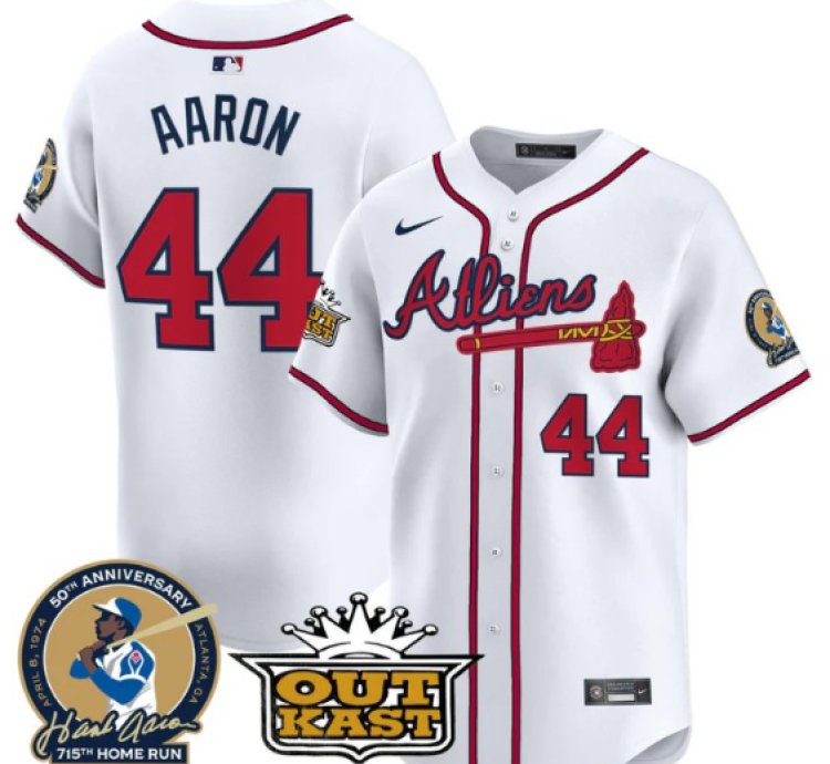 Hank Aaron Jersey 44 Atlanta Braves Atliens Patch Limited Stitched White