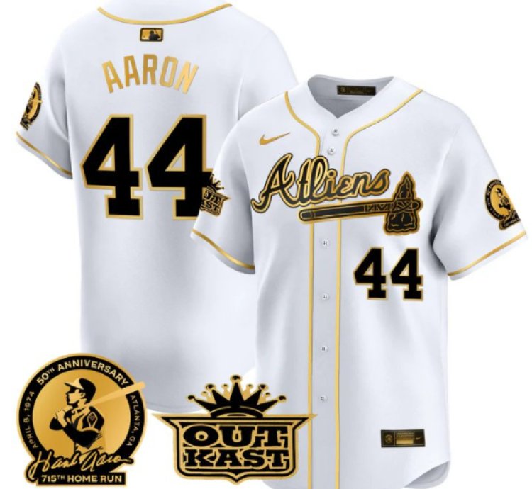 Hank Aaron Jersey 44 Atlanta Braves Atliens Patch Limited Stitched White Gold