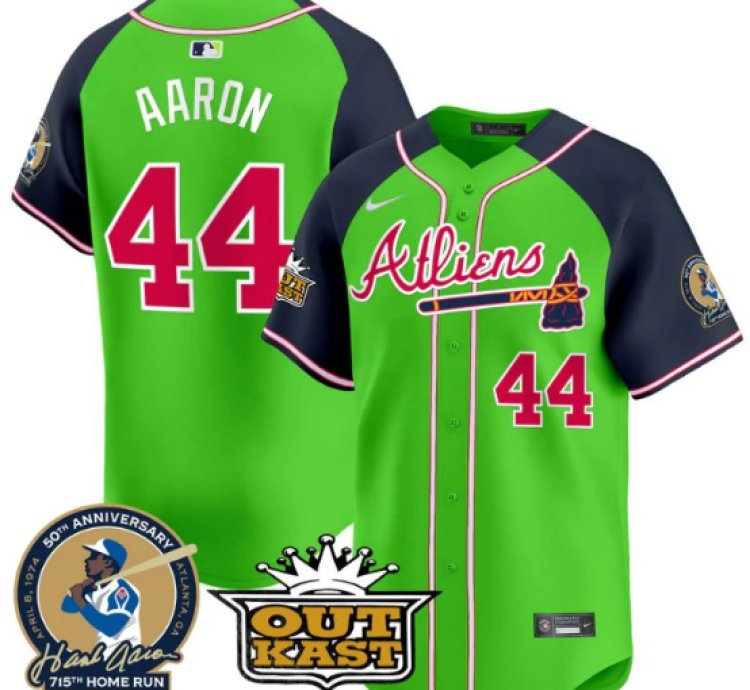 Hank Aaron Jersey 44 Atlanta Braves Atliens Patch Limited Stitched Green Alternate