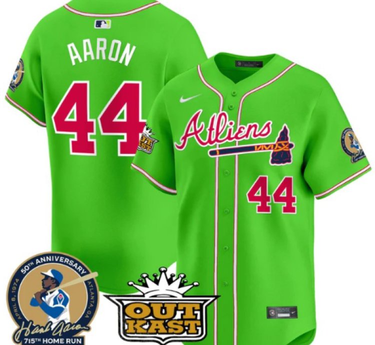 Hank Aaron Jersey 44 Atlanta Braves Atliens Patch Limited Stitched Bright Green