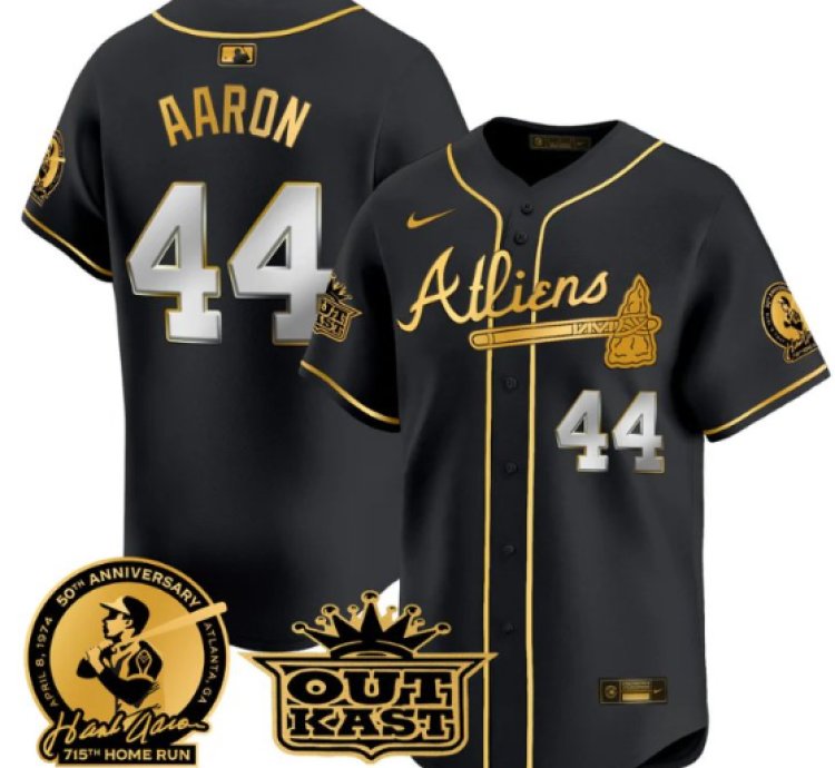 Hank Aaron Jersey 44 Atlanta Braves Atliens Patch Limited Stitched Black Gold