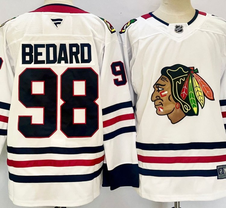 Mens Connor Bedard Jersey 98 Chicago Blackhawks 2025 White Away Stitched