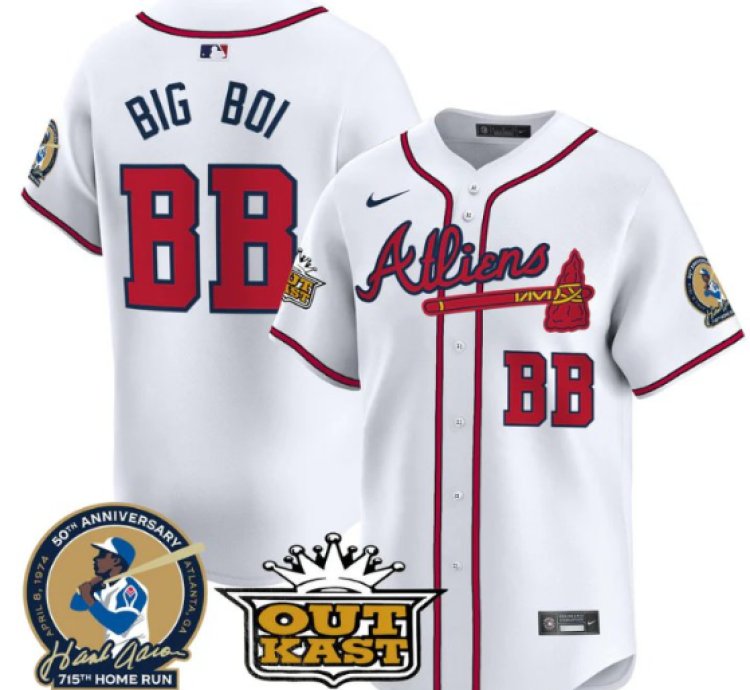 Big Boi Jersey bb Atlanta Braves Atliens Hank Aaron Patch Limited Stitched White