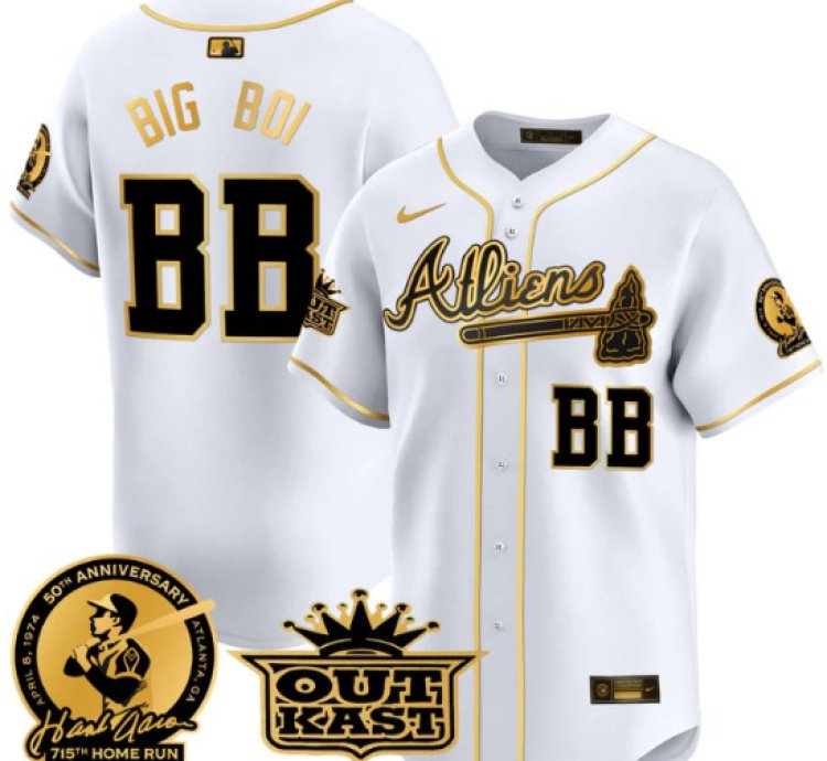 Big Boi Jersey bb Atlanta Braves Atliens Hank Aaron Patch Limited Stitched White Gold