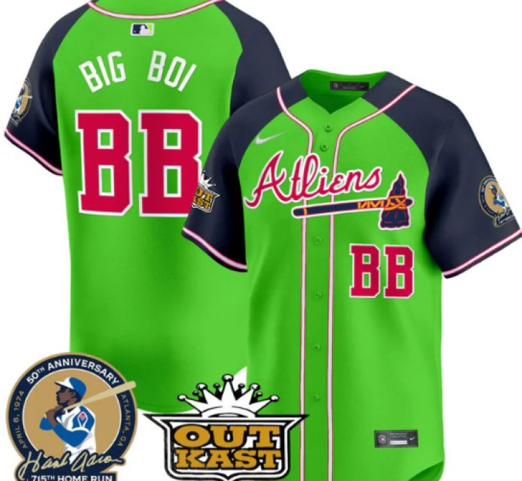 Big Boi Jersey bb Atlanta Braves Atliens Hank Aaron Patch Limited Stitched Green Alternate