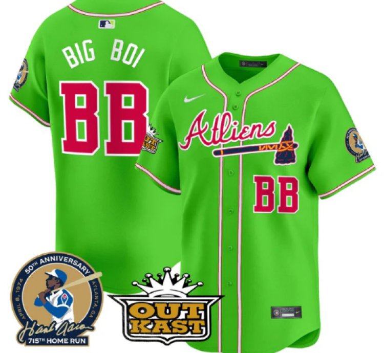 Big Boi Jersey bb Atlanta Braves Atliens Hank Aaron Patch Limited Stitched Bright Green