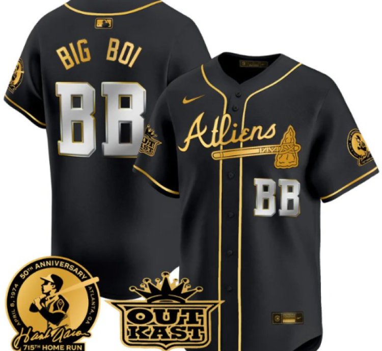 Big Boi Jersey bb Atlanta Braves Atliens Hank Aaron Patch Limited Stitched Black Gold