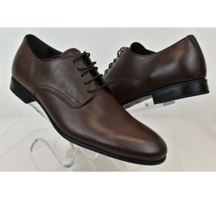 2e2748 Brown Burnished Leather Logo Lace Up Derby Oxfords 9