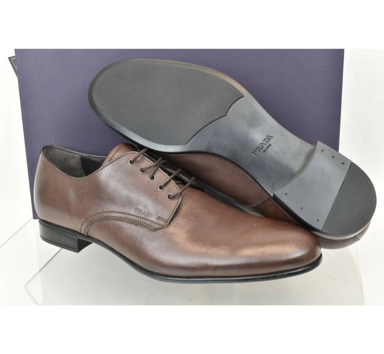 2e2748 Brown Burnished Leather Logo Lace Up Derby Oxfords 9