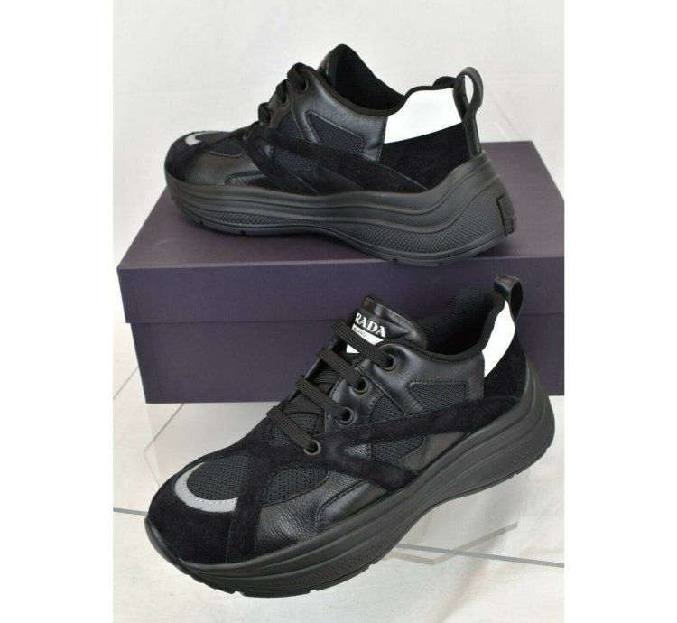4e3490 Black Leather Suede Mesh Platform Logo Sneakers 9