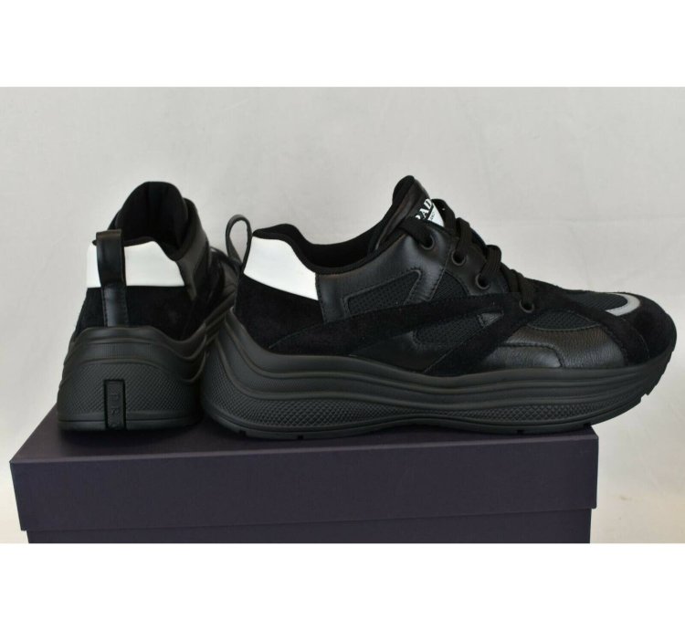 4e3490 Black Leather Suede Mesh Platform Logo Sneakers 9