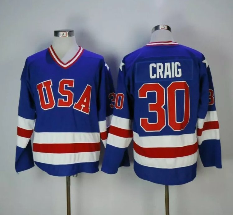 Mens Jim Craig Jersey 30 1980 Miracle On Ice Blue All Stitched