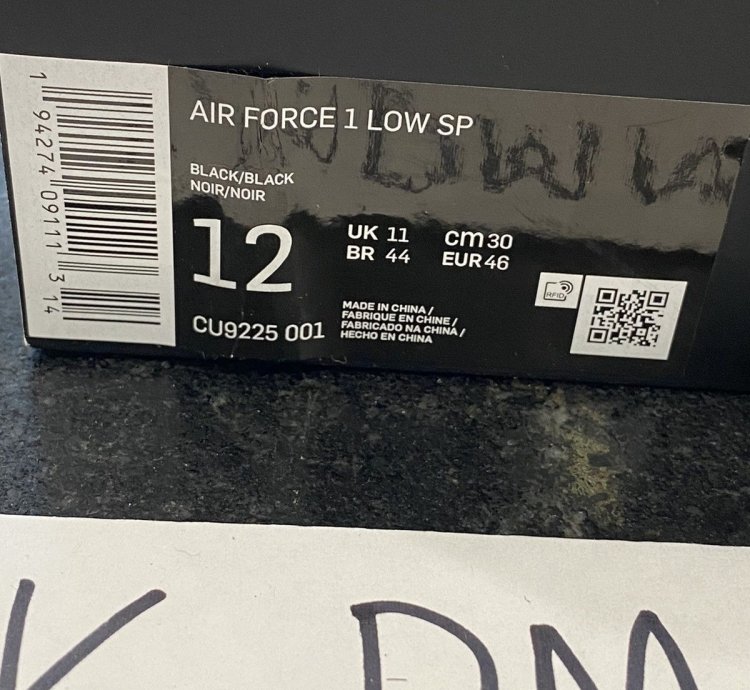 Air Force 1 Low Black Supreme Sz 12