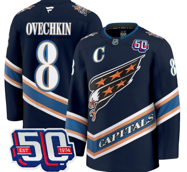 Men Alex Ovechkin Jersey 8 Washington Capitals Eagle 50th Anniversary Navy
