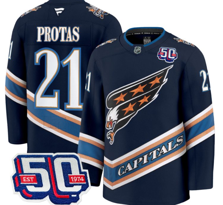 Men Aliaksei Protas Jersey 21 Washington Capitals Eagle 50th Anniversary Navy