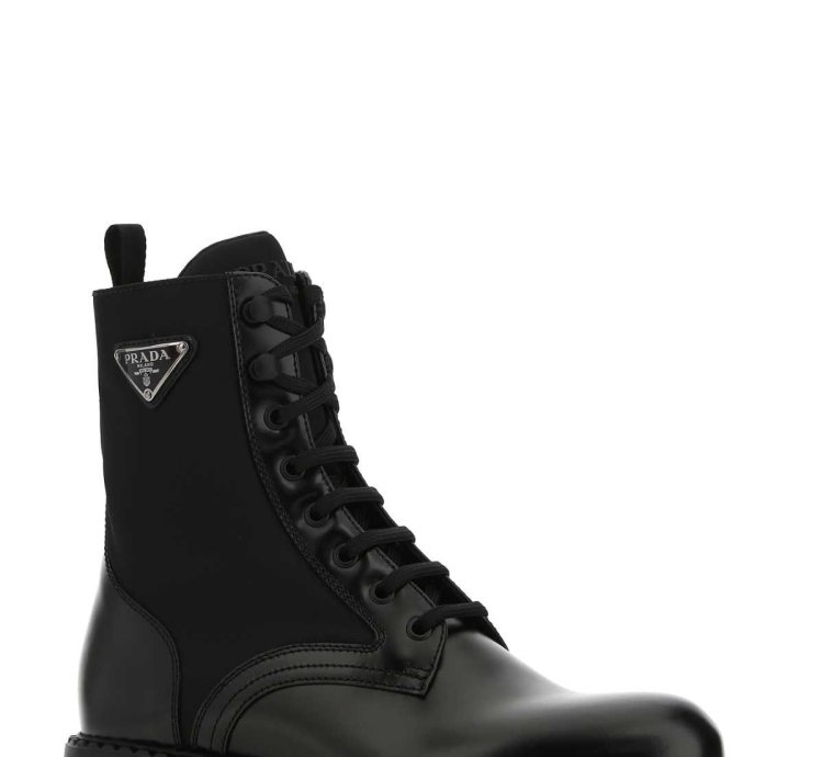 Black Leather And Re-nylon Ankle Boots