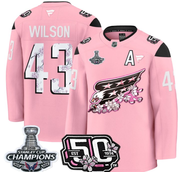Tom Wilson Jersey 43 Washington Capitals 50th 2018 Stanley Cup Champions Patch Cherry Blossom