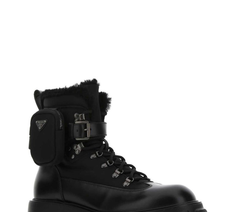 Black Re-nylon And Leather Monolith Ankle Boots