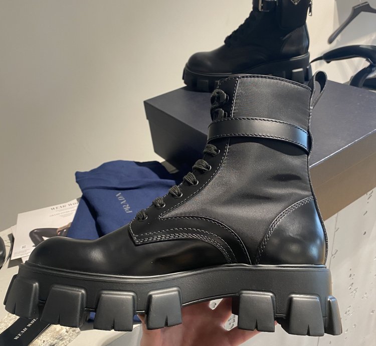 Black Week Prada Logo Combat Boots Ankle Pouch
