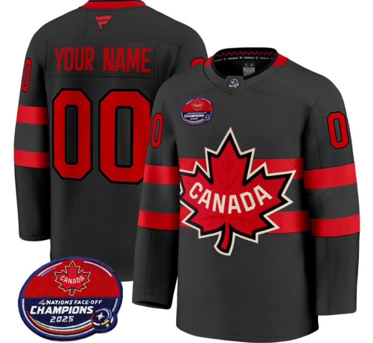 Mens Custom Canada Jersey 4 Nations Face-off 2025 Champions V2 Stitched Black