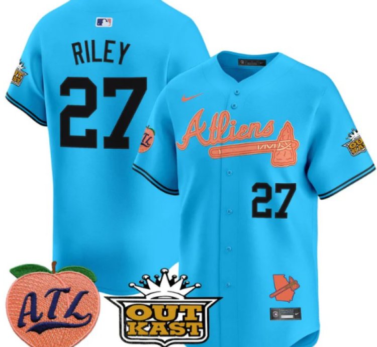 Austin Riley Jersey 27 Atlanta Braves Atliens Peach Vapor Premier Limited Stitched Light Blue