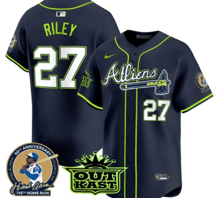 Austin Riley Jersey 27 Atlanta Braves Atliens Hank Aaron Patch Limited Stitched