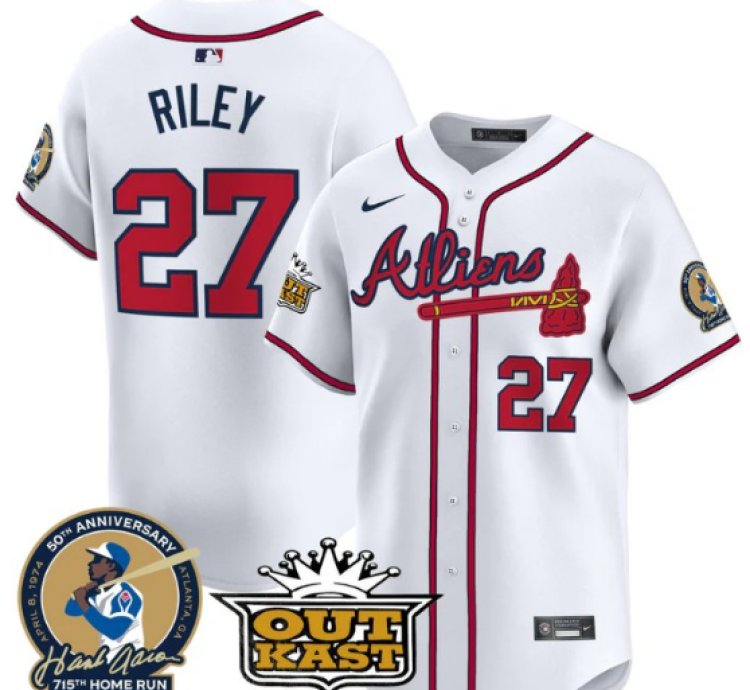 Austin Riley Jersey 27 Atlanta Braves Atliens Hank Aaron Patch Limited Stitched White