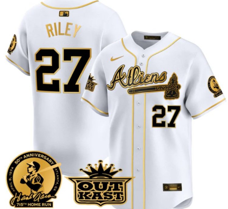 Austin Riley Jersey 27 Atlanta Braves Atliens Hank Aaron Patch Limited Stitched White Gold