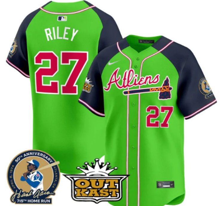 Austin Riley Jersey 27 Atlanta Braves Atliens Hank Aaron Patch Limited Stitched Green Alternate