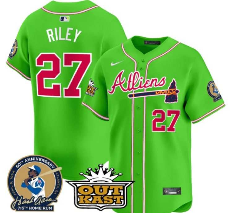 Austin Riley Jersey 27 Atlanta Braves Atliens Hank Aaron Patch Limited Stitched Bright Green