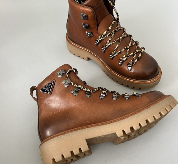 Brown Leather Lace Up Boots With Triangle Logo