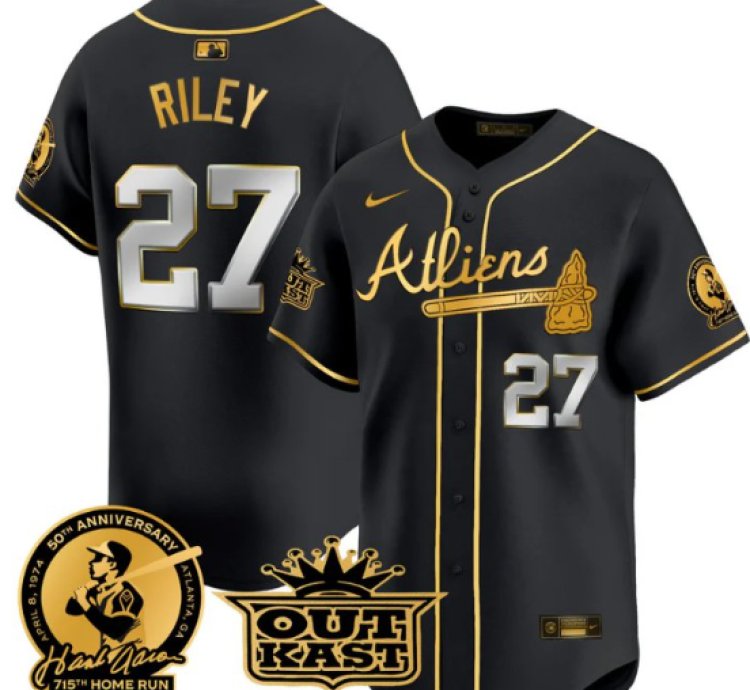 Austin Riley Jersey 27 Atlanta Braves Atliens Hank Aaron Patch Limited Stitched Black Gold