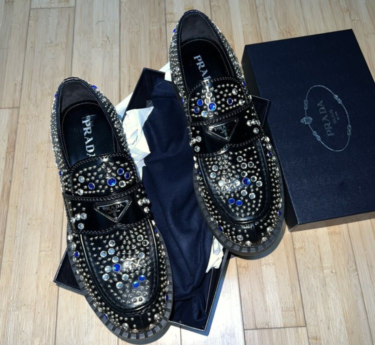 Brushed-leather Loafers With Studs And Rhinestones